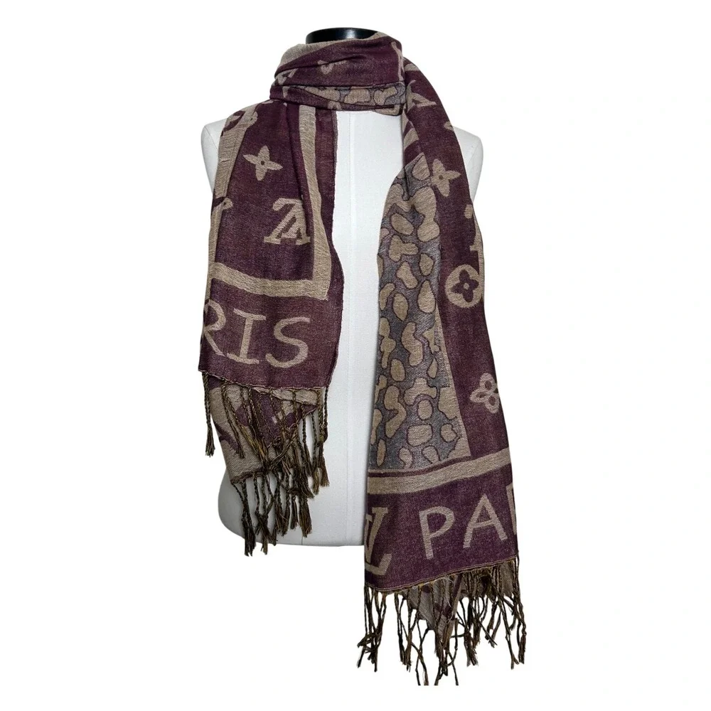 Designer Inspired Monogram Leopard Print Scarf Oversized‎ Pashmina Shawl Fringe
